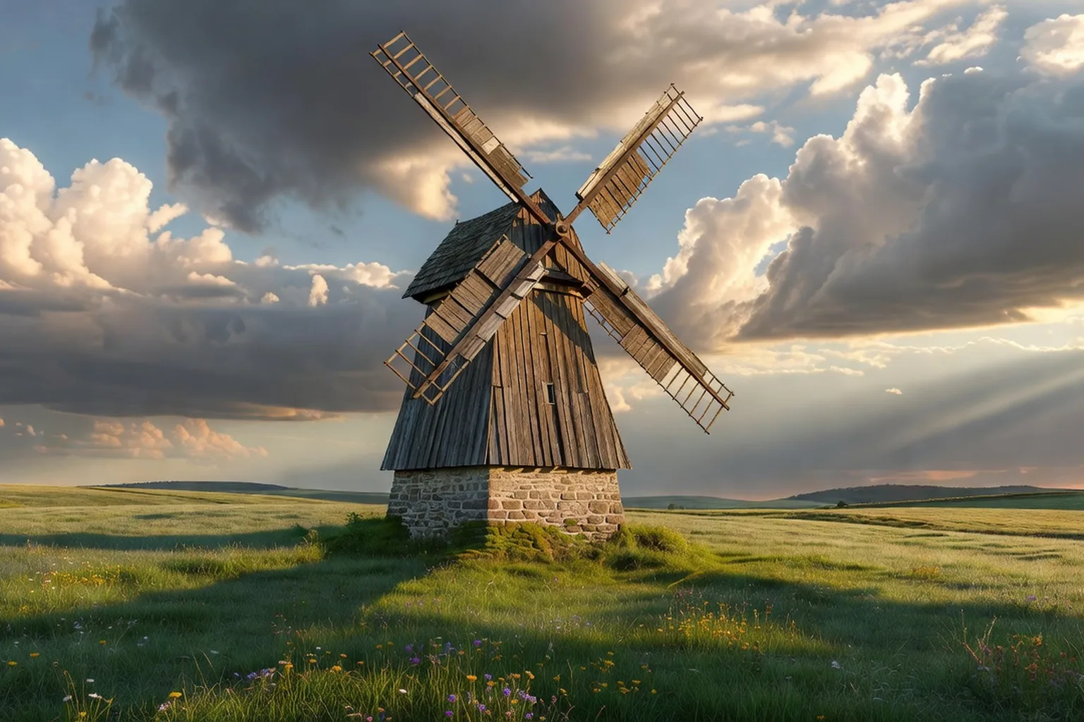 Moulin à vent en bois dans la campagne des Monts de Flandre