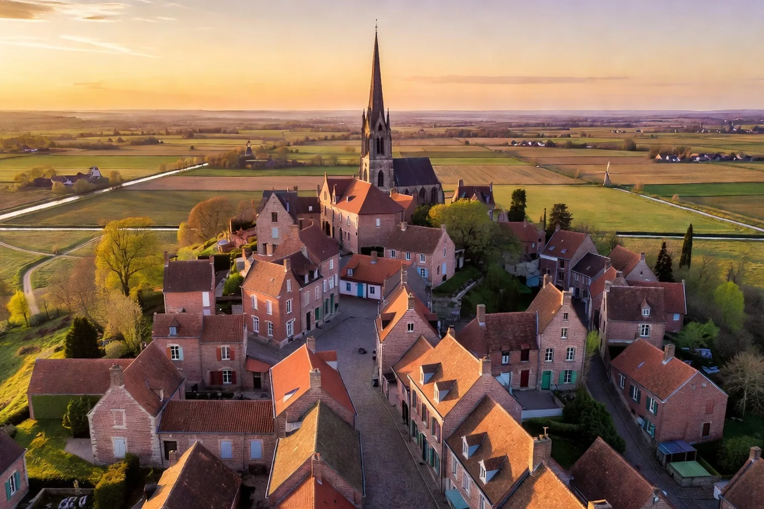 Ruelle pavée bordée de maisons de brique rouge dans un village flamand des Monts de Flandre